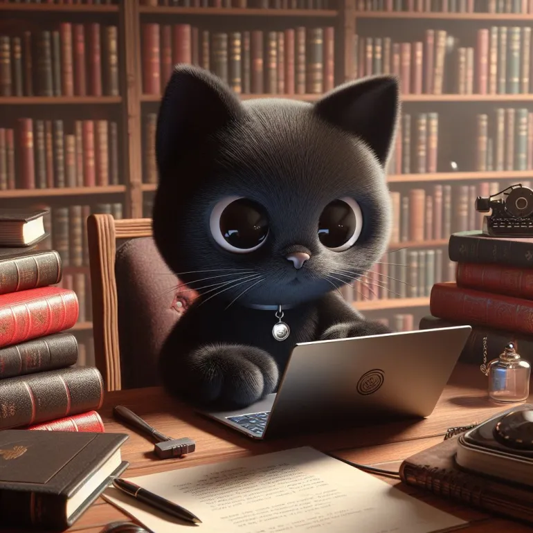 gato negro escribiendo frente a un portátil