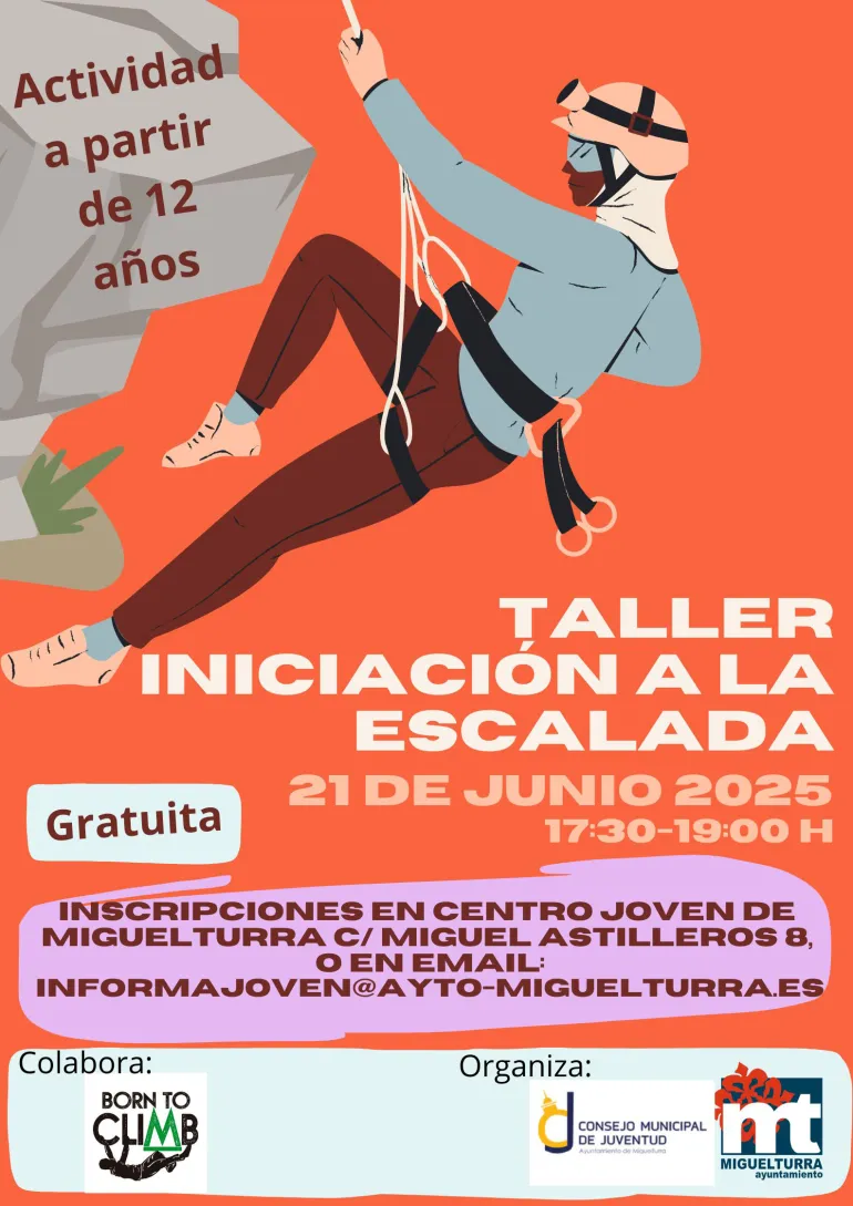 Cartel taller iniciación a la Escalada, verano Juventud Miguelturra 2025