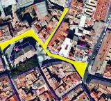 imagen del plano de la zona centro de Miguelturra remarcadas con amarillo las zonas peatonales, mayo 2020